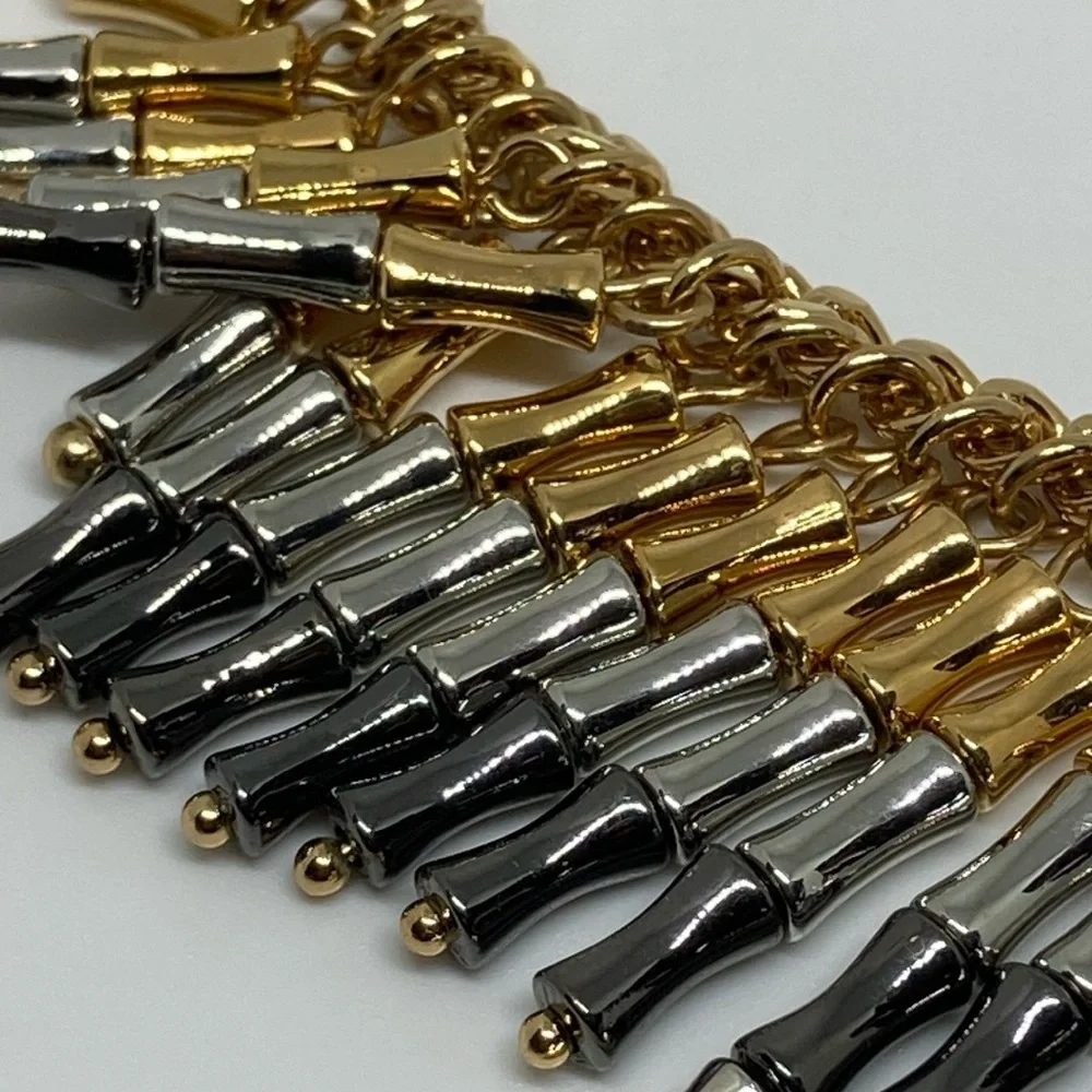 Gold and Silver Two Tone Fringe Statement Necklace Layered Fashion Jewelry